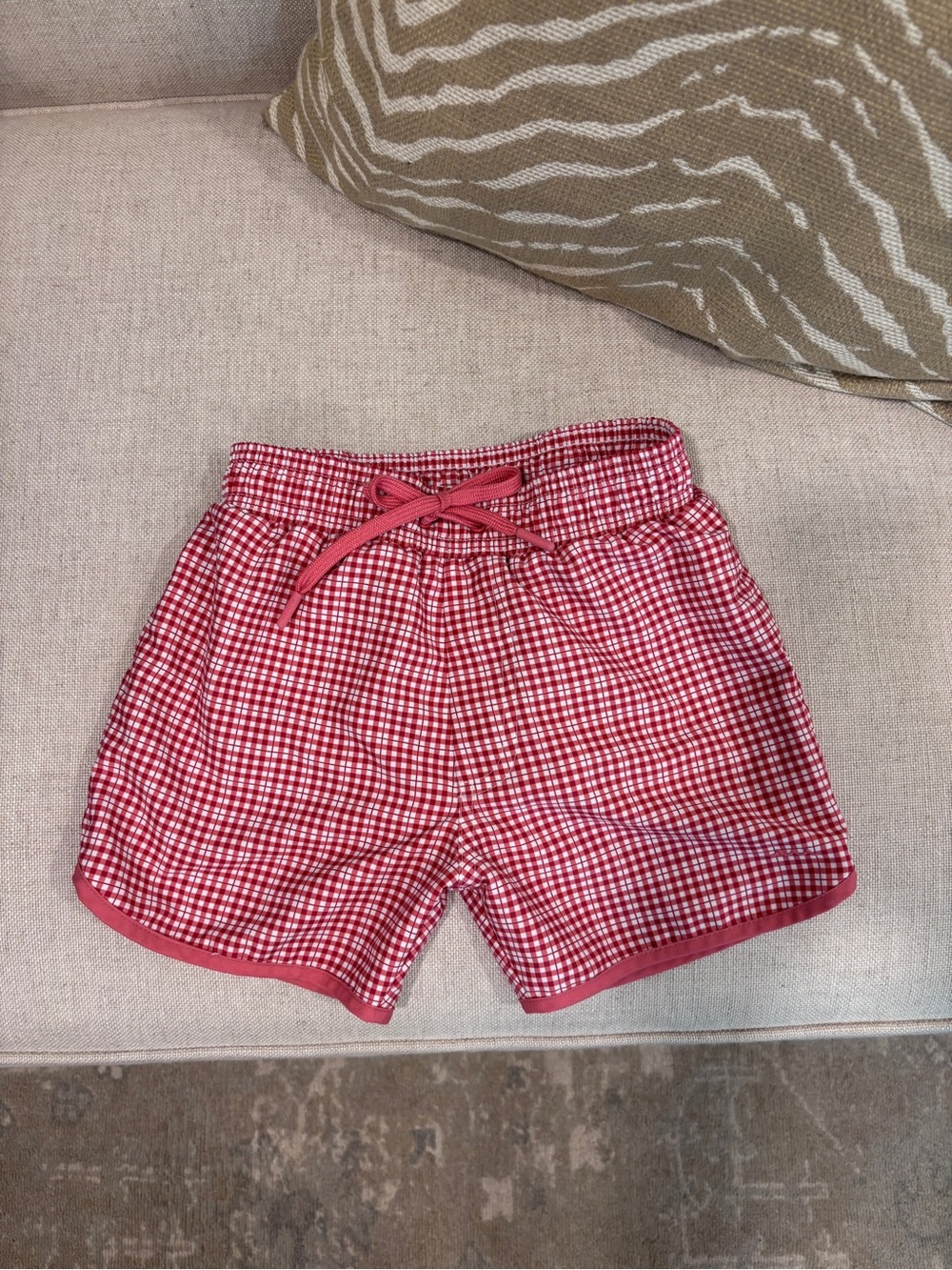 Kids Red Gingham Swim Trunks with Drawstring
